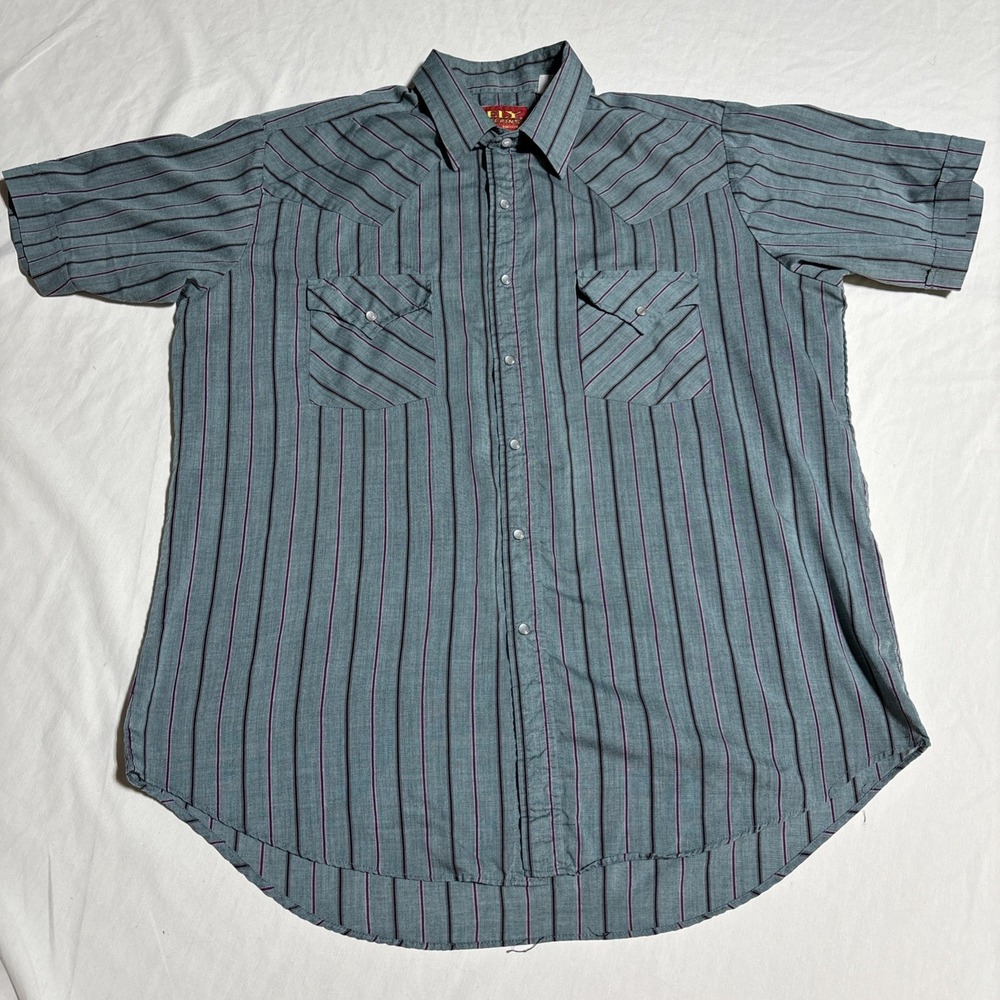 VTG Ely Plains 90s Pearl Snap Up SS Shirt Sz L Plaid Gray Red Western Workwear